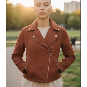 Maurices Faux Suede Moto Jacket Womens XS Rust Brown Biker Asymmetrical Zip Moto